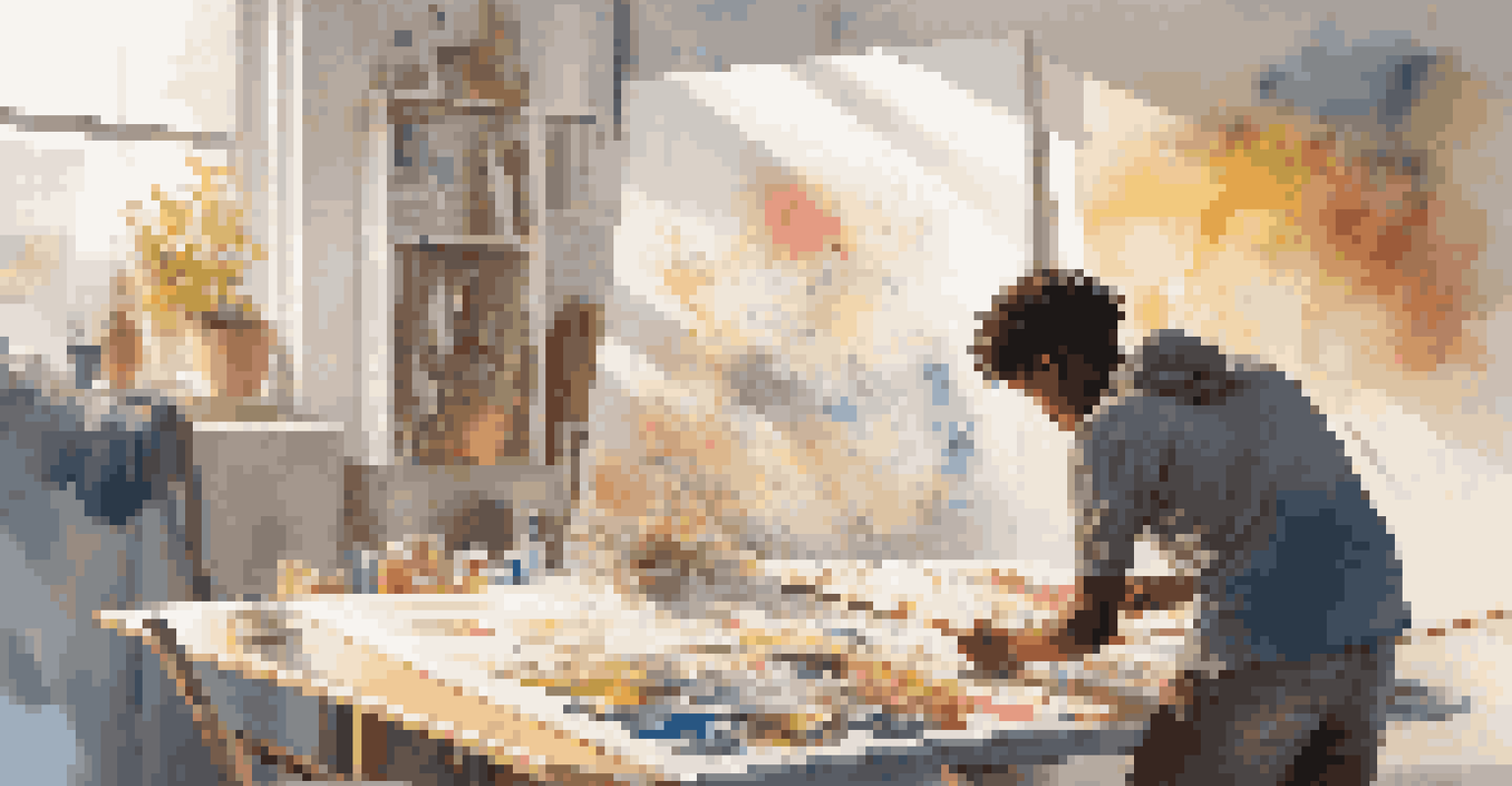 A young artist in a sunlit room painting on a large canvas, with sketches and paint supplies around them, illustrating themes of climate change and social justice.