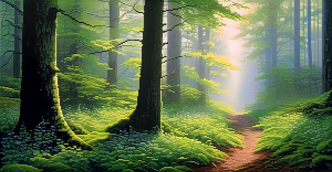 A tranquil forest with mist and sunlight filtering through tall trees, featuring a winding path and a mossy floor.