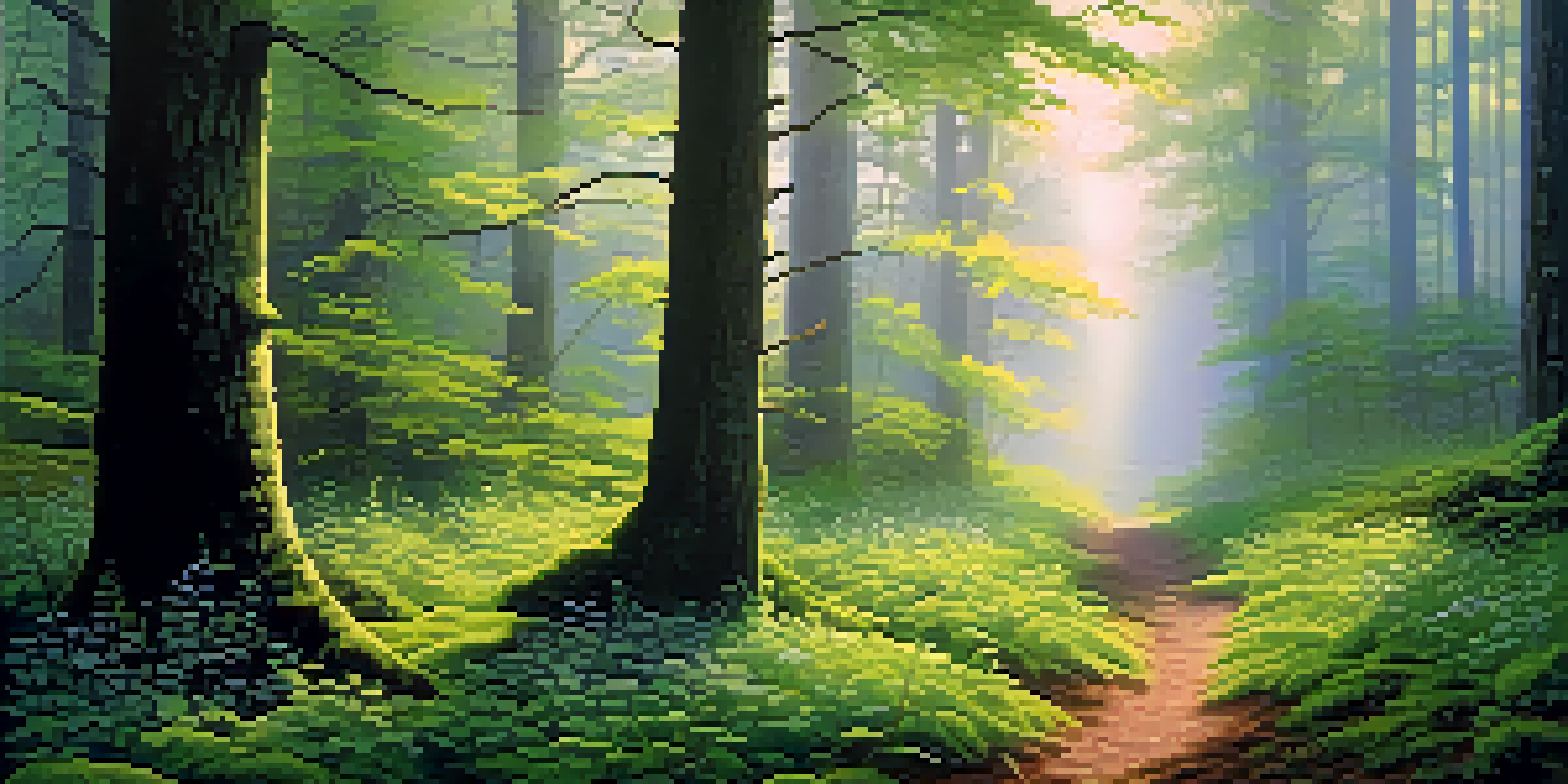 A tranquil forest with mist and sunlight filtering through tall trees, featuring a winding path and a mossy floor.