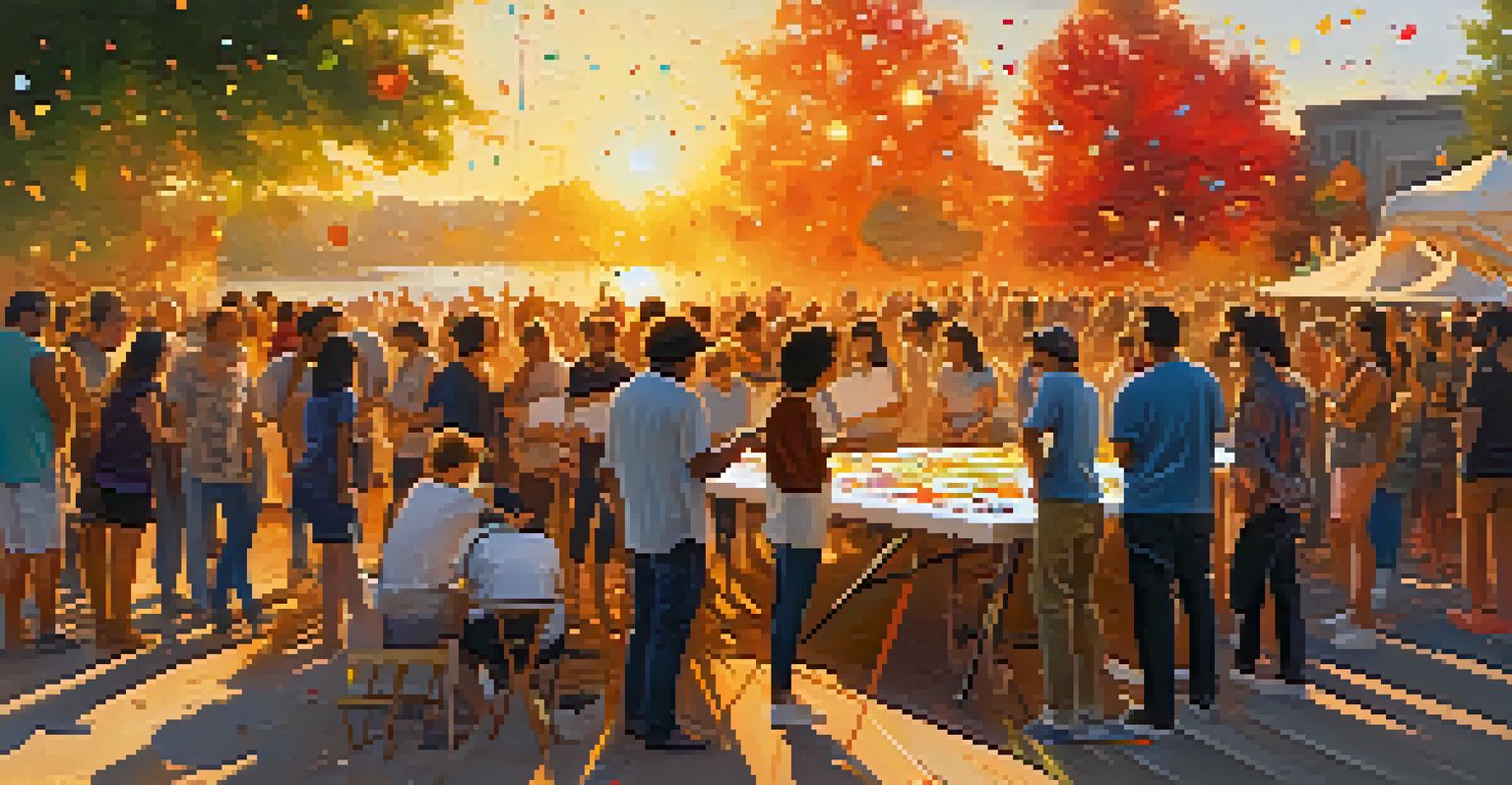 Artists from diverse backgrounds collaborating on a large canvas at an outdoor festival during sunset.