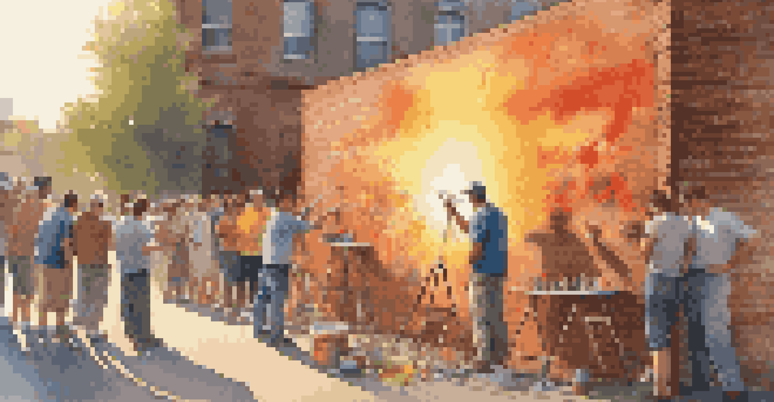 A contemporary artist spray painting a large mural on a brick wall, with a sunset glow and an audience admiring the work.