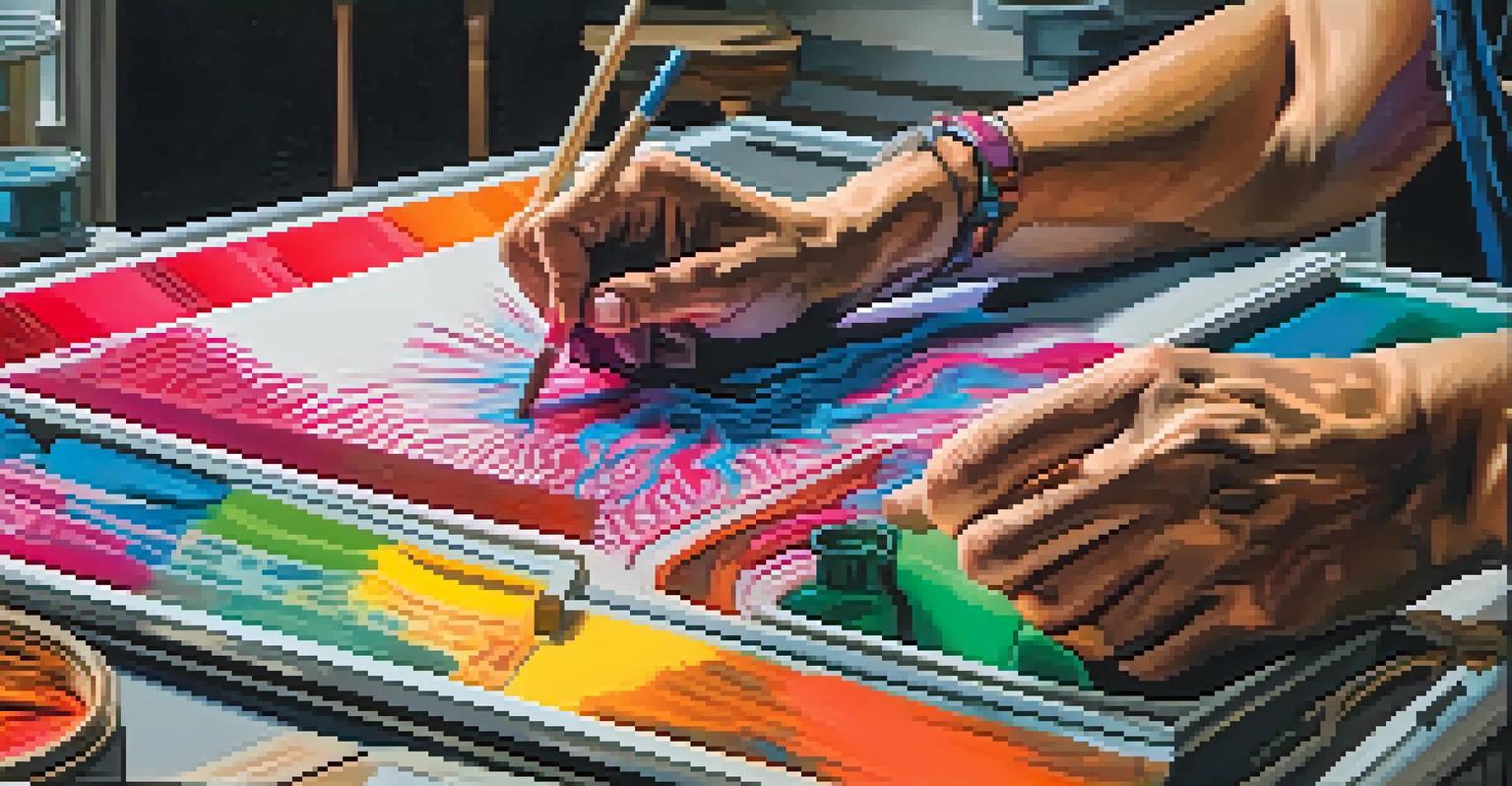 An artist's hands applying bold inks through a screen onto a canvas, showcasing the screen printing technique.