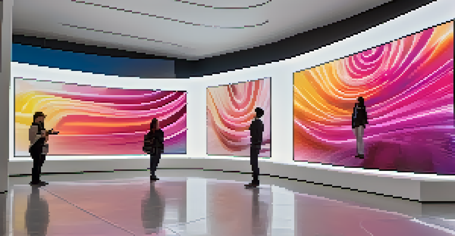 A modern art gallery with visitors engaging with large digital screens displaying immersive artworks in a vibrant setting.