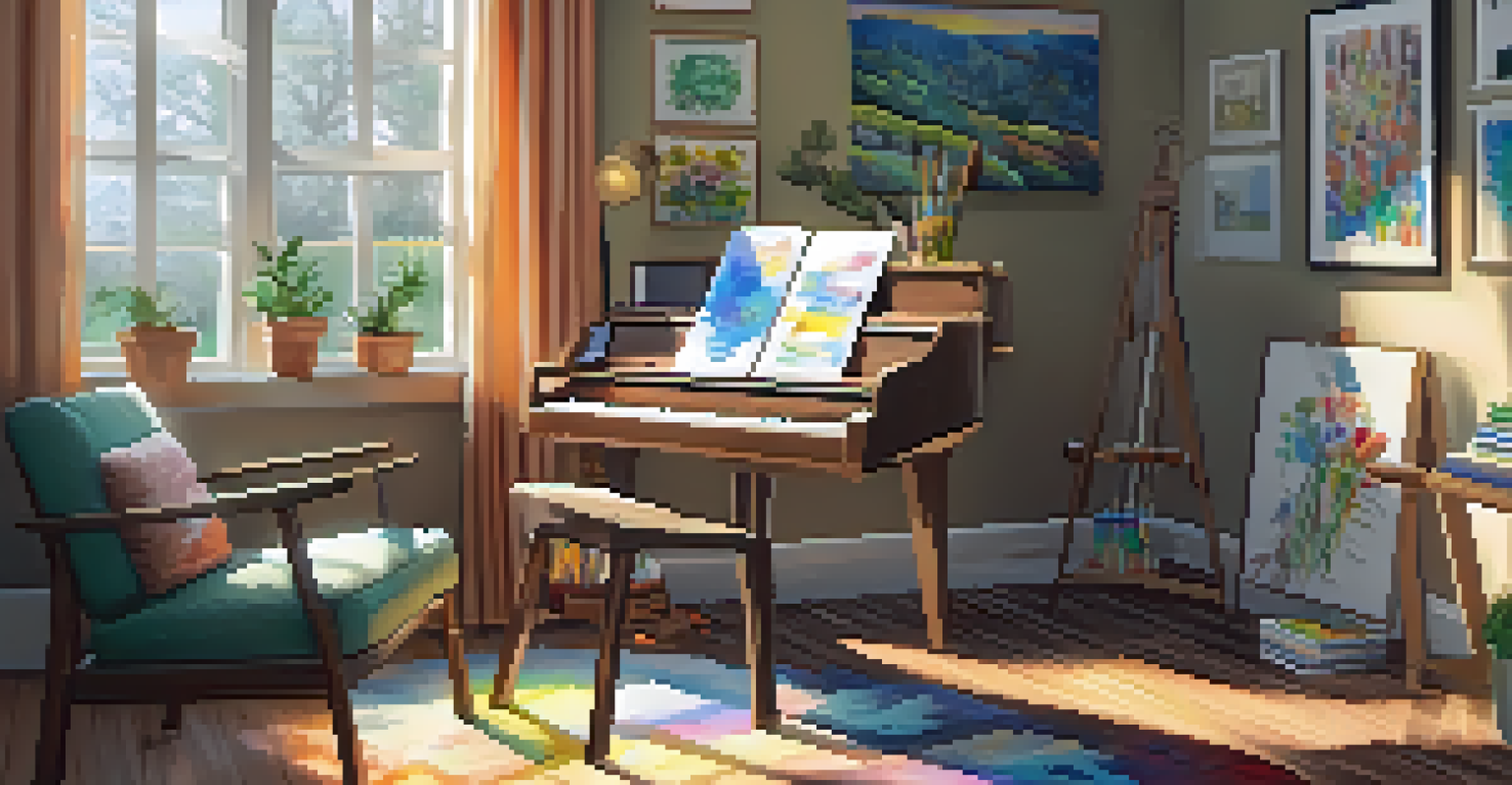 A cozy home art corner with an easel, paints, and colorful artworks, bathed in warm sunlight, encouraging creativity.