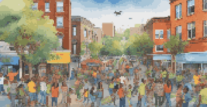 A colorful community mural showing people working together to illustrate environmental themes, with bright images of nature and sustainability.