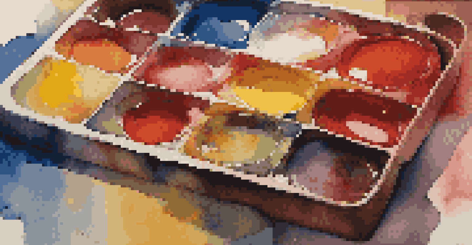 A close-up of a colorful painter's palette with a partially completed abstract painting in the background.