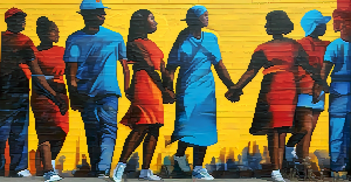 A colorful mural showing diverse people holding hands in an urban setting, emphasizing unity and social justice.