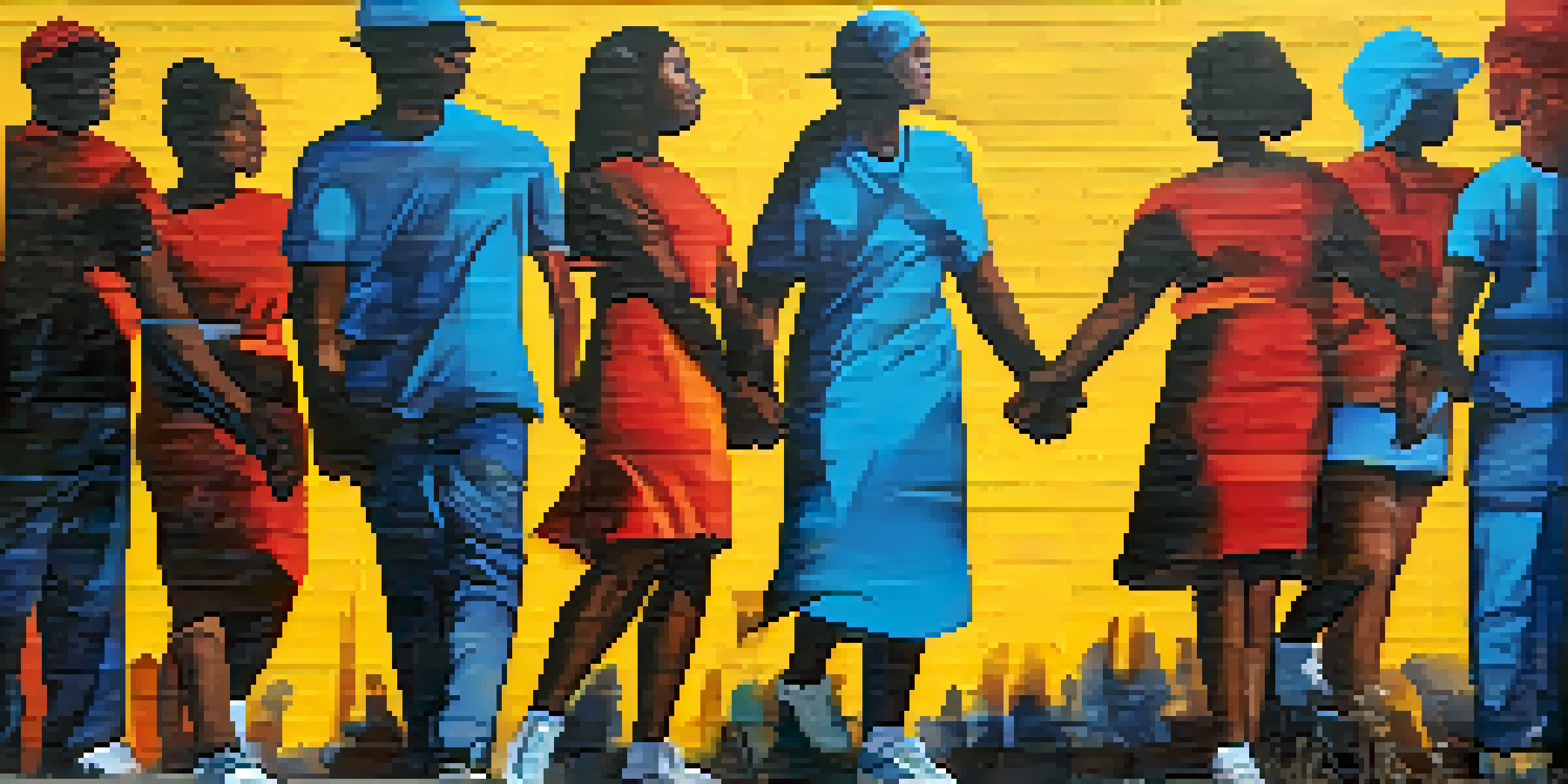 A colorful mural showing diverse people holding hands in an urban setting, emphasizing unity and social justice.