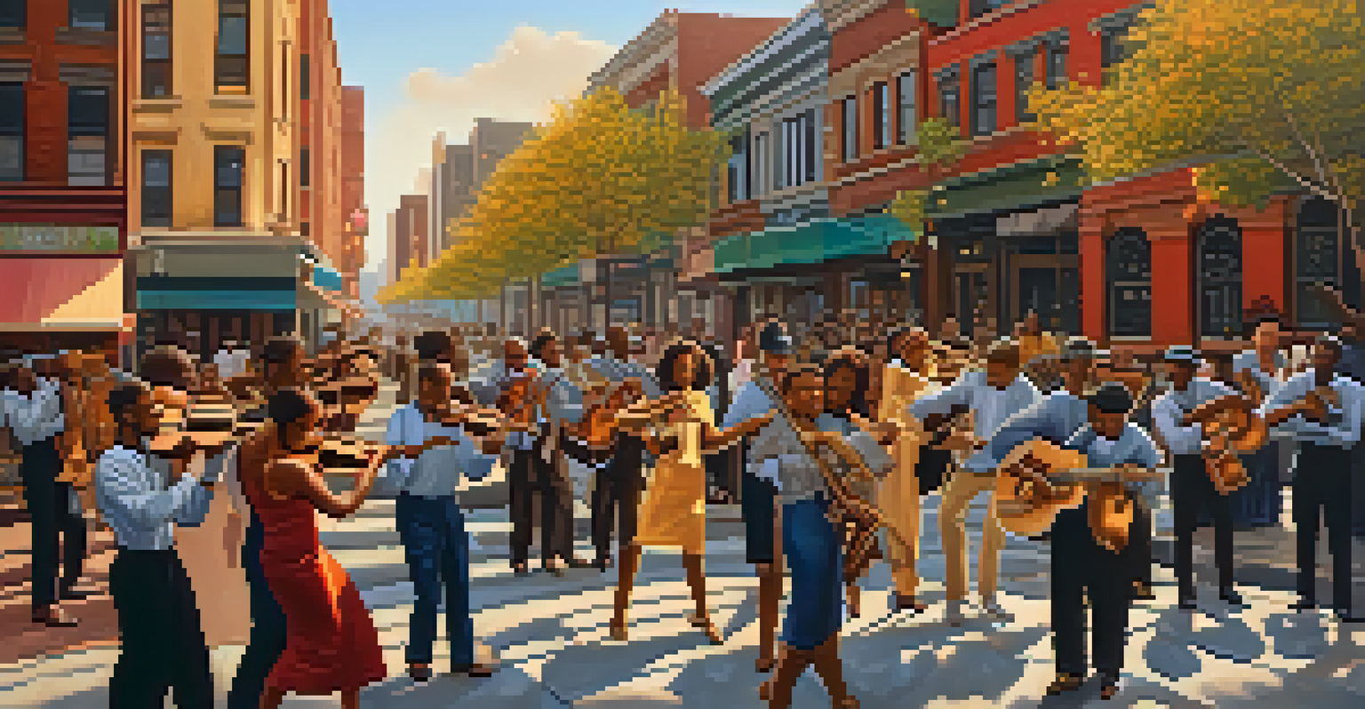 A lively street scene inspired by the Harlem Renaissance, depicting musicians and artists under a vibrant sunset.