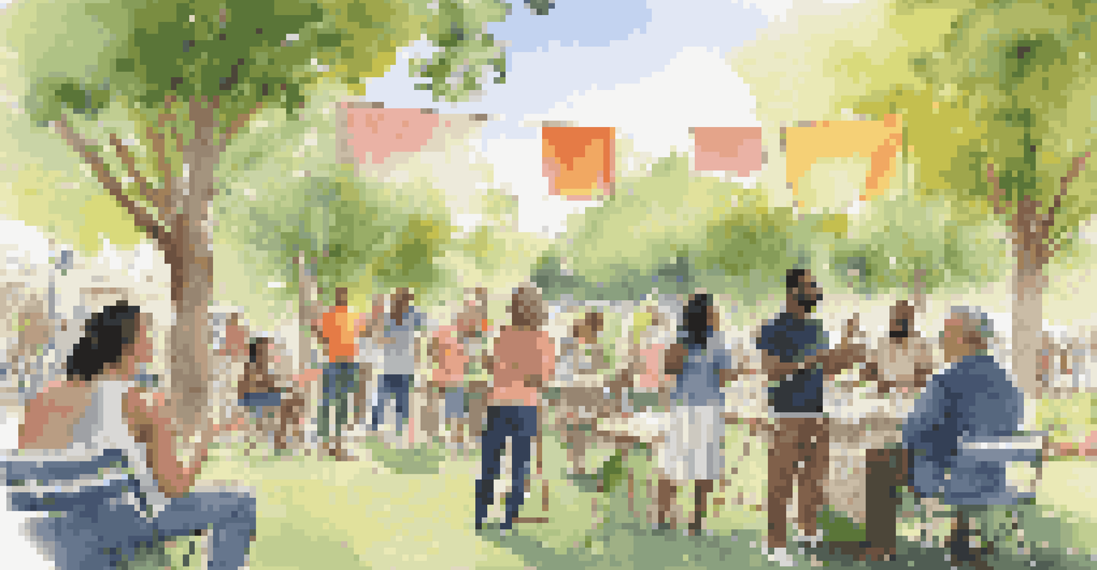 A diverse group of supporters discussing an art project in a sunny park, holding colorful banners.