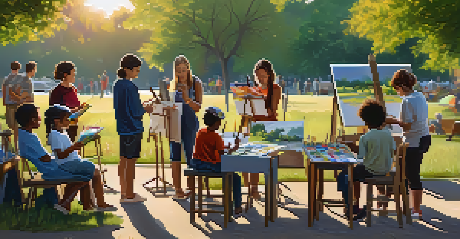 A diverse group of people participating in an outdoor community art workshop, creating various art pieces together in a bright park.