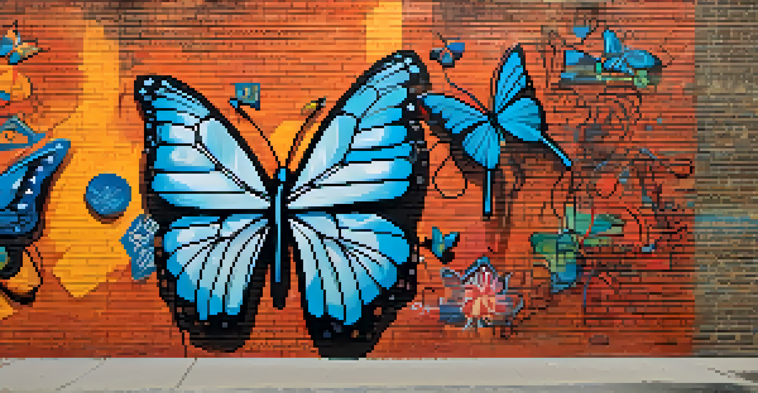 A colorful street art mural representing cultural diversity with butterflies and hands on a brick wall.