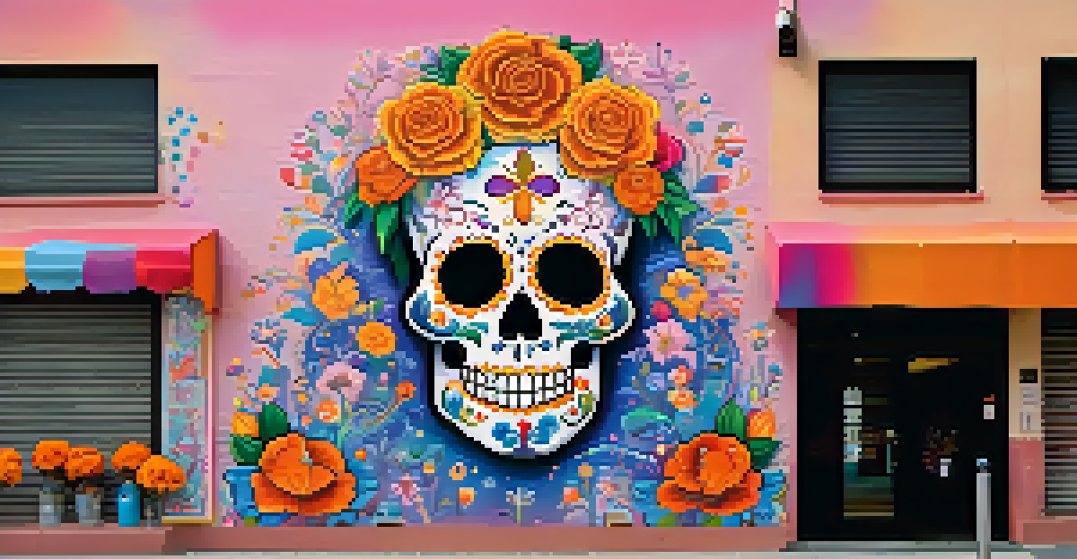 A colorful Day of the Dead mural featuring sugar skulls and marigold flowers, set in a warm evening atmosphere.