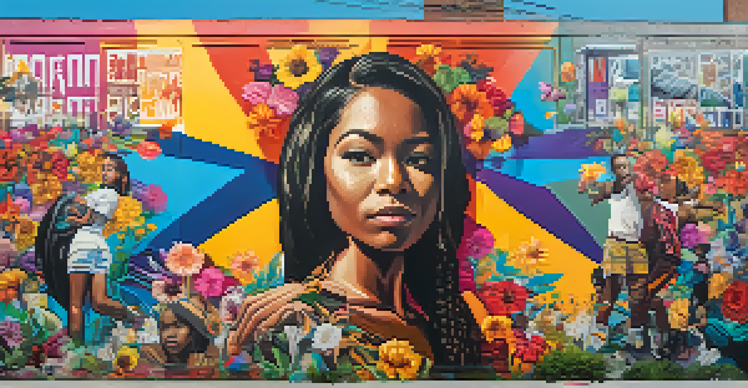 A colorful street mural depicting social justice themes with flowers and raised fists in an urban setting.