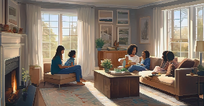 A diverse family gathered in a cozy living room, sharing stories and laughter by a warm fireplace, surrounded by family photos.