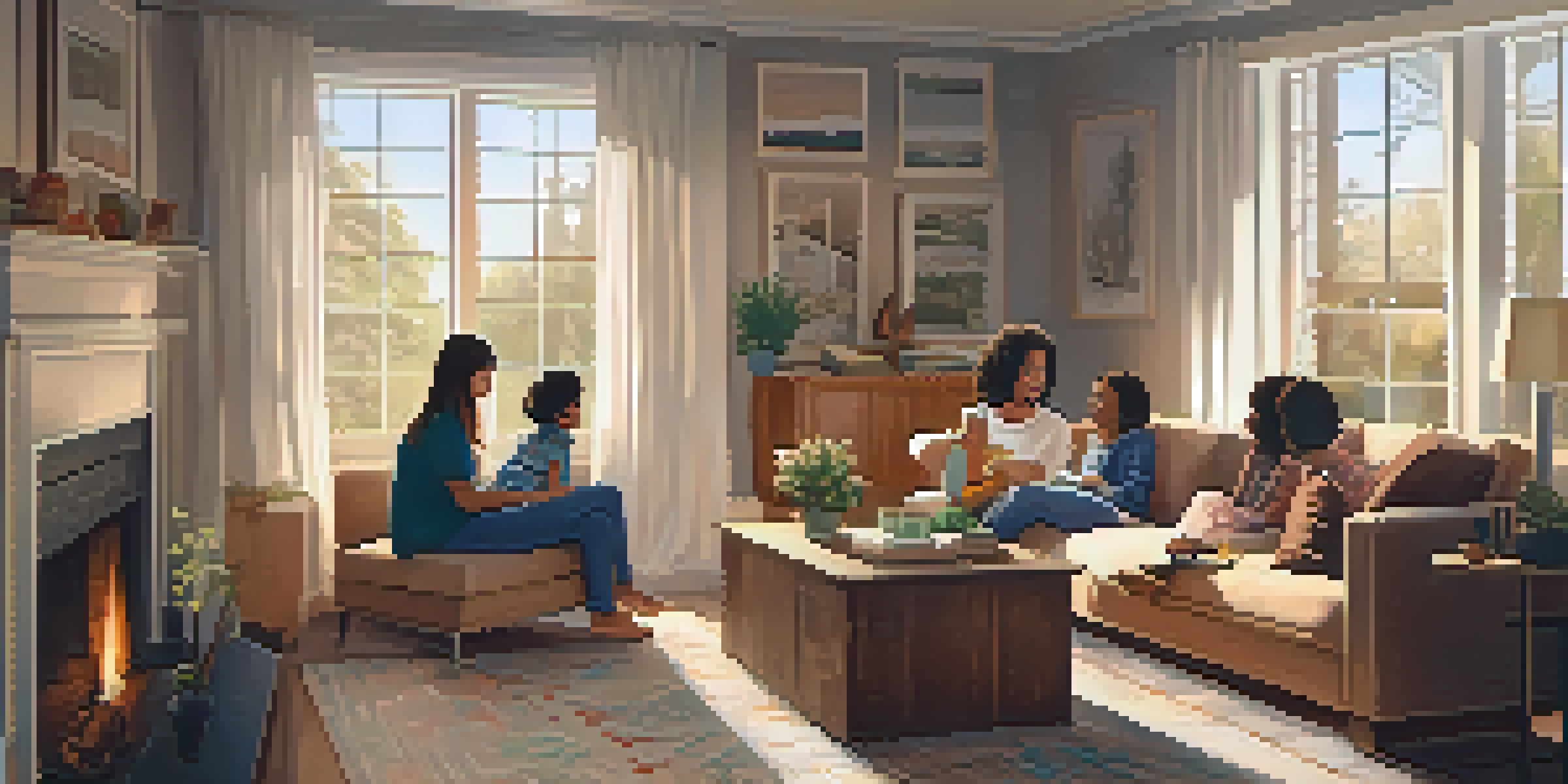 A diverse family gathered in a cozy living room, sharing stories and laughter by a warm fireplace, surrounded by family photos.
