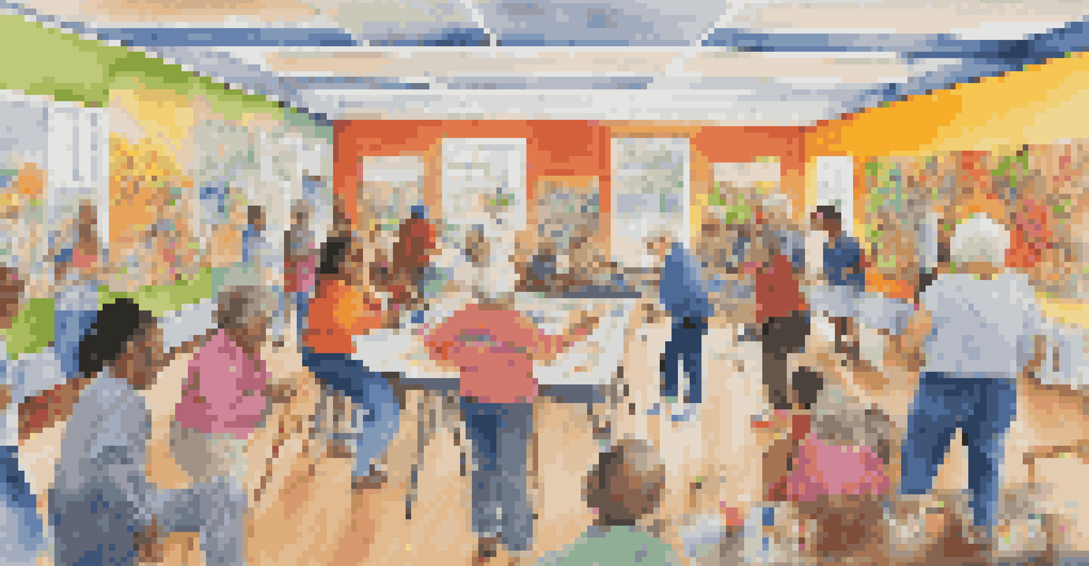 A community workshop with older adults and children painting a colorful mural together.