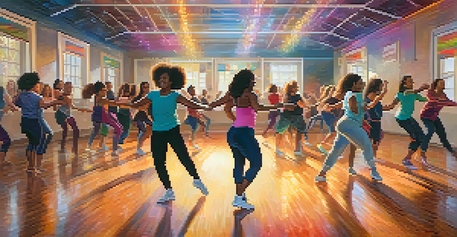 A lively dance class with diverse participants expressing joy through movement in a vibrant studio.