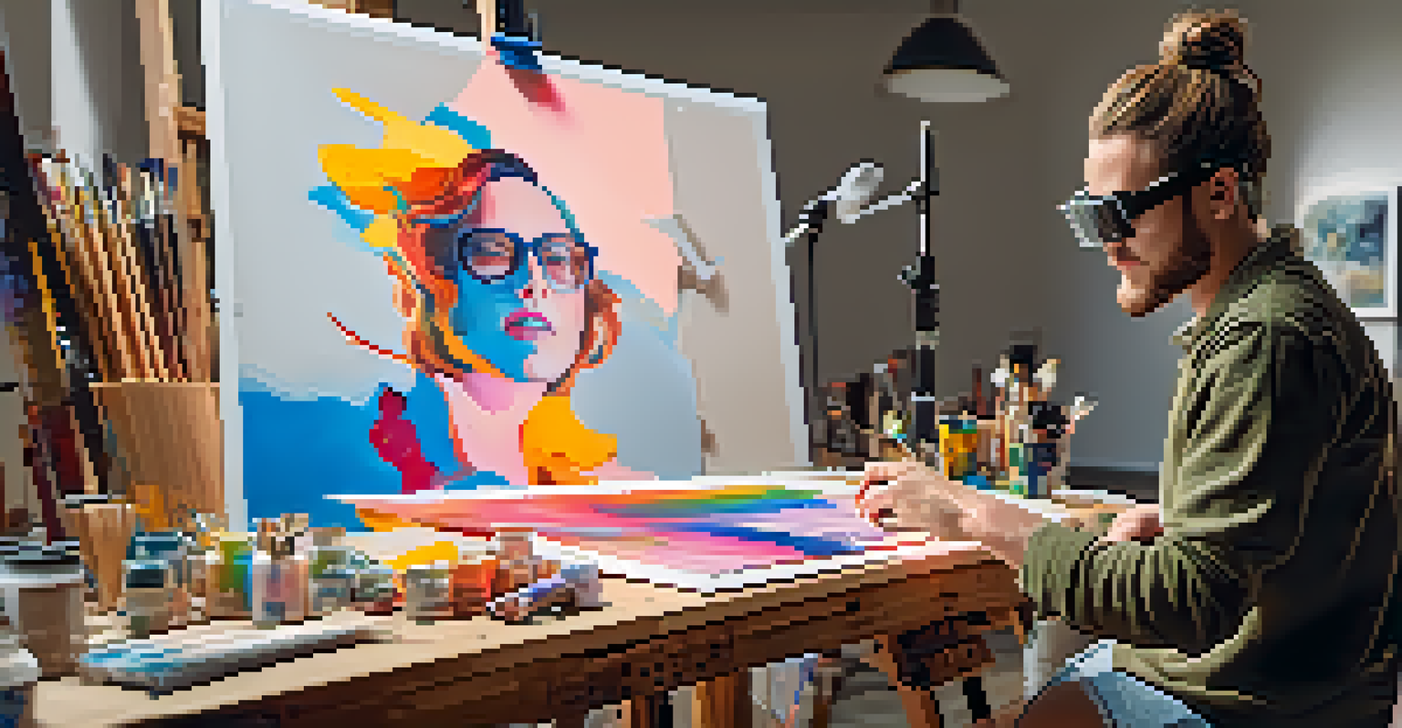 An artist in a studio creating digital art using augmented reality glasses, surrounded by traditional art supplies.