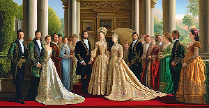 A colorful Renaissance scene with beautifully dressed figures in rich garments, surrounded by a lush garden and classical architecture, illuminated by warm sunlight.