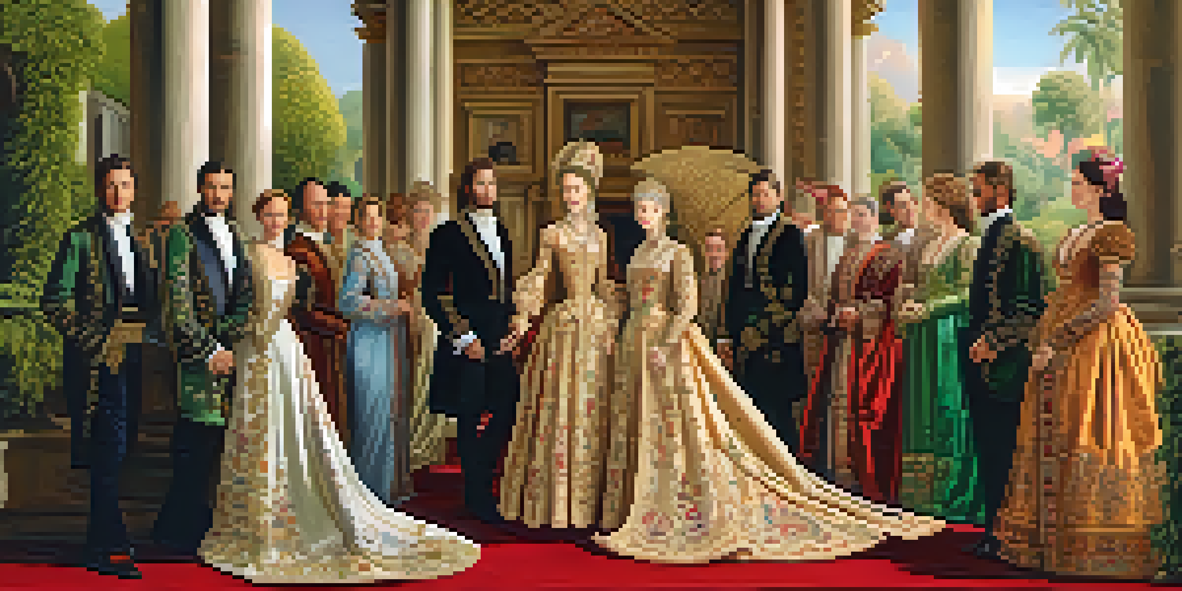 A colorful Renaissance scene with beautifully dressed figures in rich garments, surrounded by a lush garden and classical architecture, illuminated by warm sunlight.