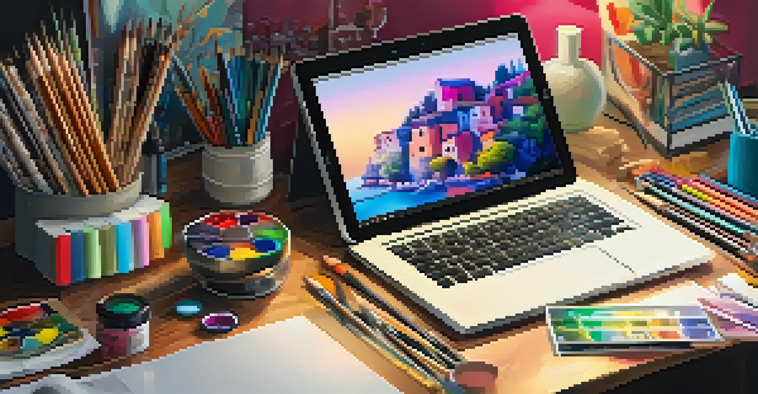 A close-up of an artist's workspace with a digital tablet displaying a painting, surrounded by art supplies.