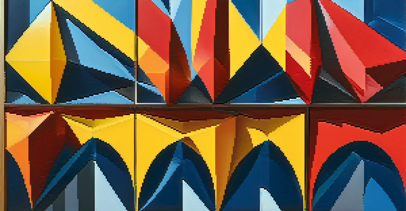 A close-up of vibrant geometric shapes in red, yellow, and blue, with textured layers and dramatic lighting.