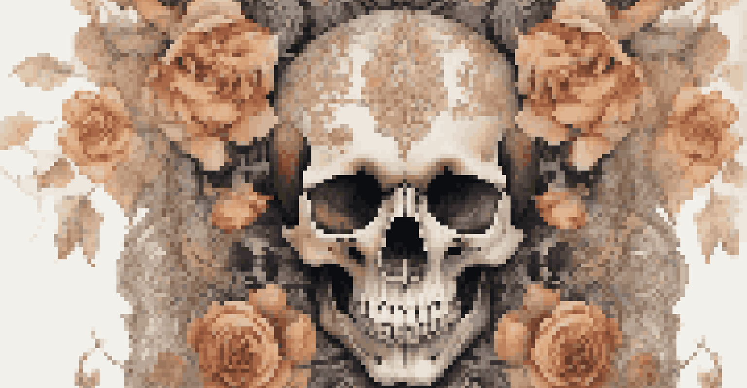 A detailed close-up of a skull with floral patterns, set against a softly blurred warm-toned background.