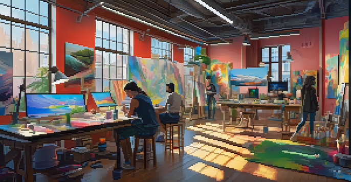 A digital art studio with artists creating diverse artworks in a warm-lit environment.