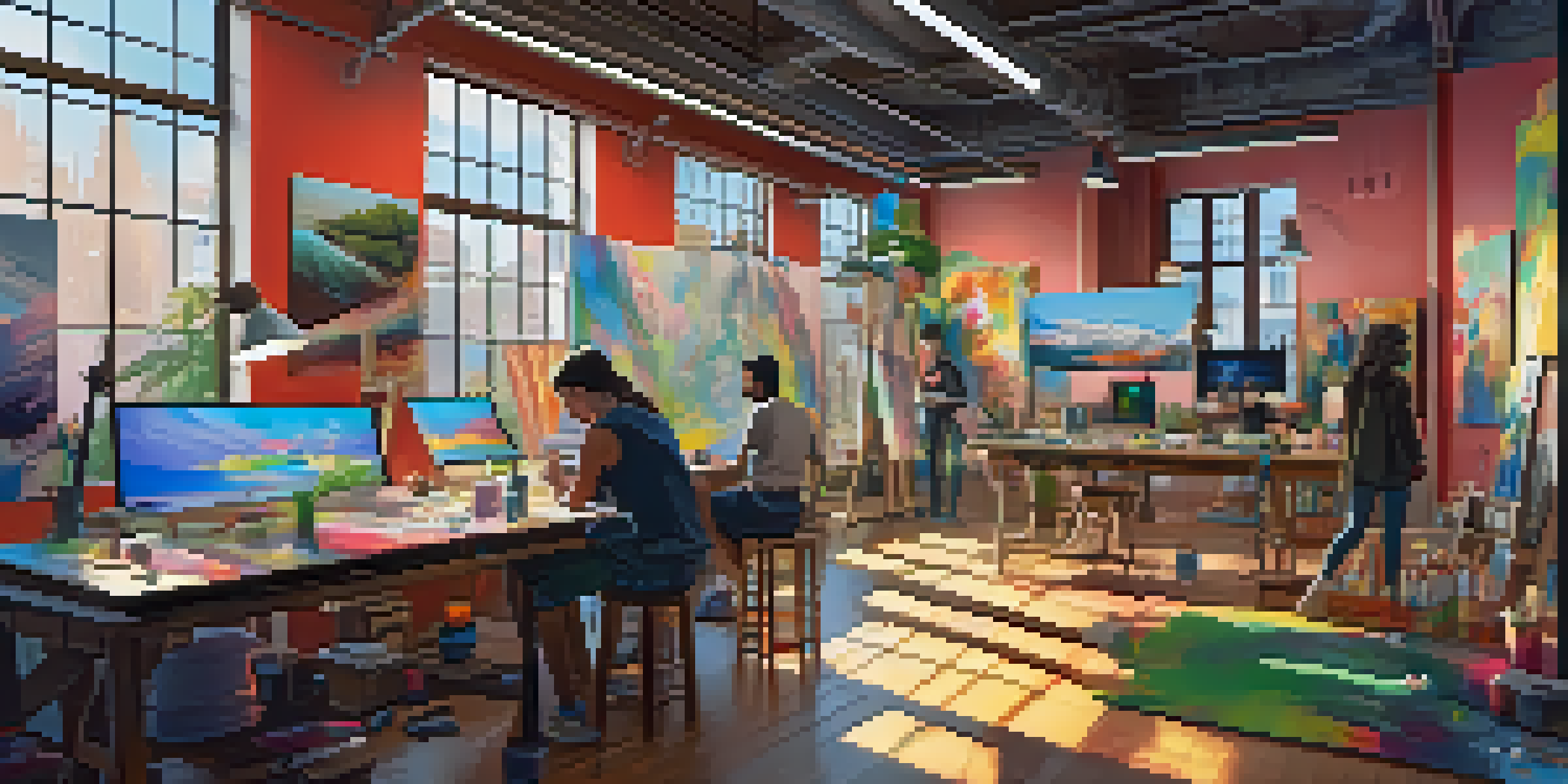 A digital art studio with artists creating diverse artworks in a warm-lit environment.