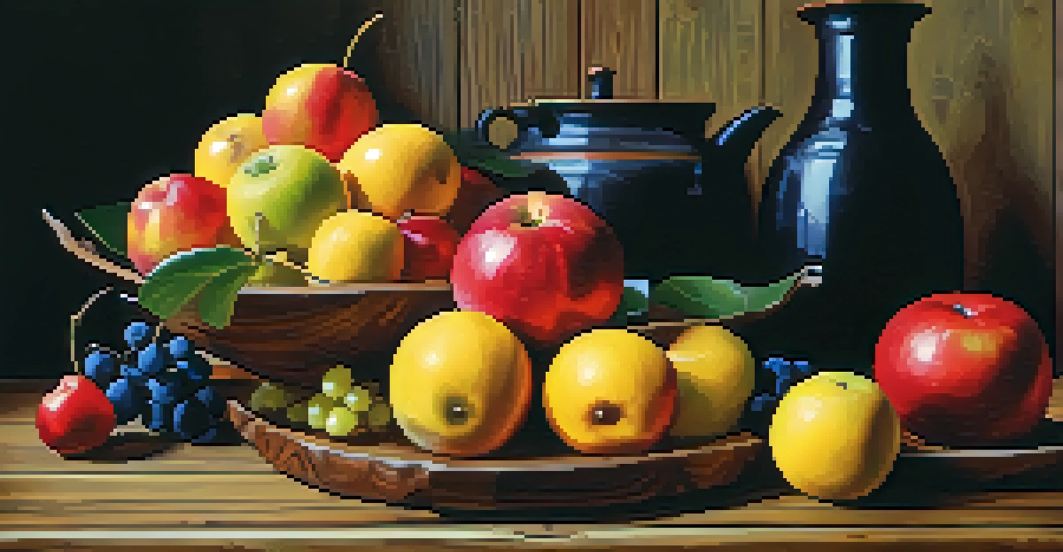 A still-life of bright red and yellow fruits on a wooden table, showcasing vibrant colors and textures.