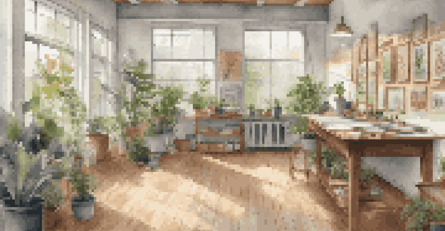 A bright and welcoming art studio filled with artists working on their projects in a collaborative environment.