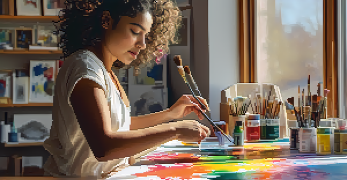 An artist working intently on a large canvas in a sunny studio filled with various colorful art supplies.
