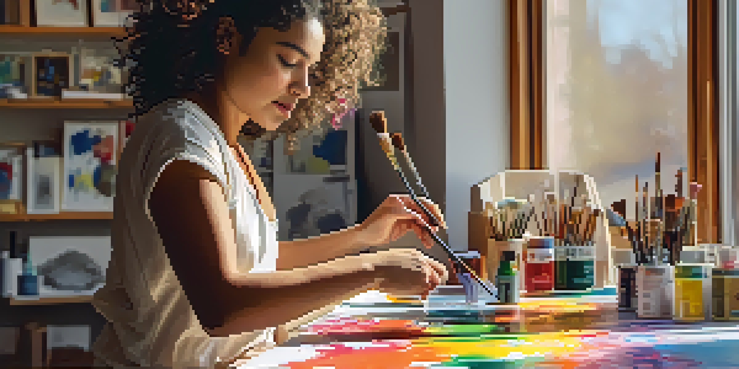 An artist working intently on a large canvas in a sunny studio filled with various colorful art supplies.