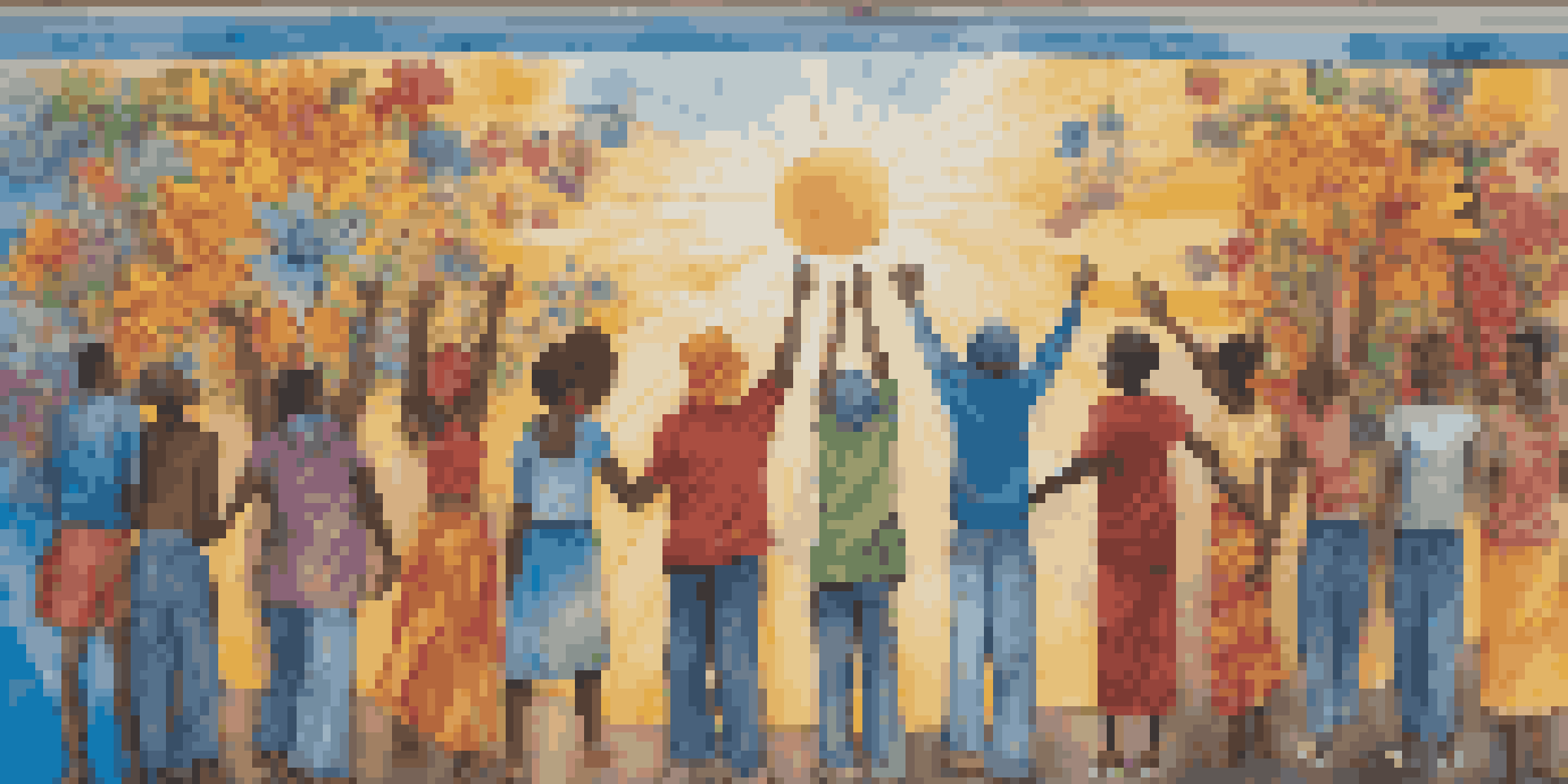 A colorful mural on a city wall showing diverse people holding hands, representing unity for human rights.