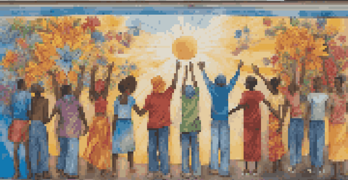 A colorful mural on a city wall showing diverse people holding hands, representing unity for human rights.
