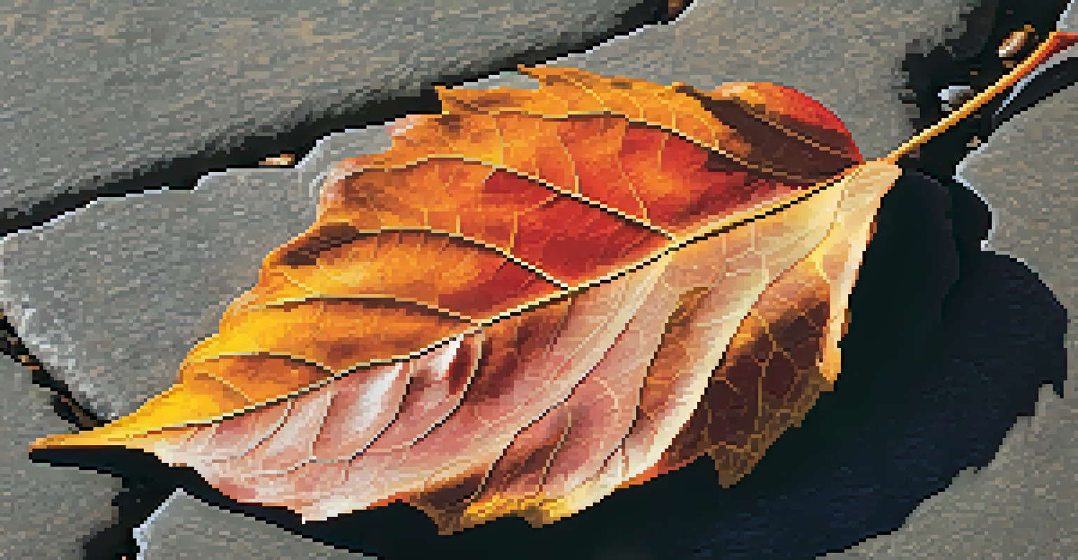 A close-up of a colorful autumn leaf on a stone surface, showcasing vibrant red, orange, and yellow hues illuminated by soft sunlight.