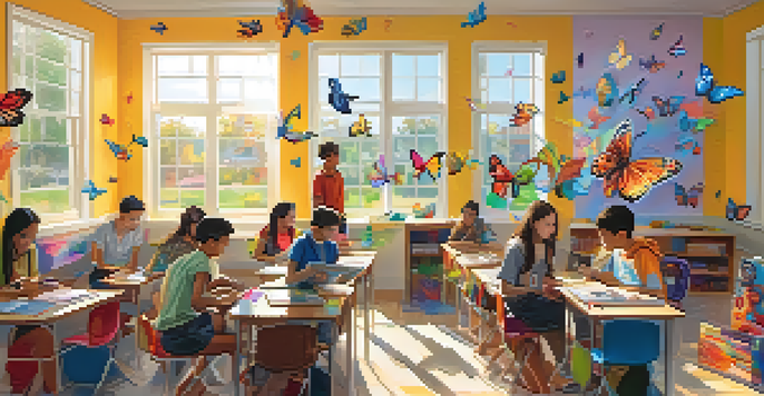 A classroom filled with students using tablets to interact with augmented reality art, surrounded by colorful artwork and bright sunlight.
