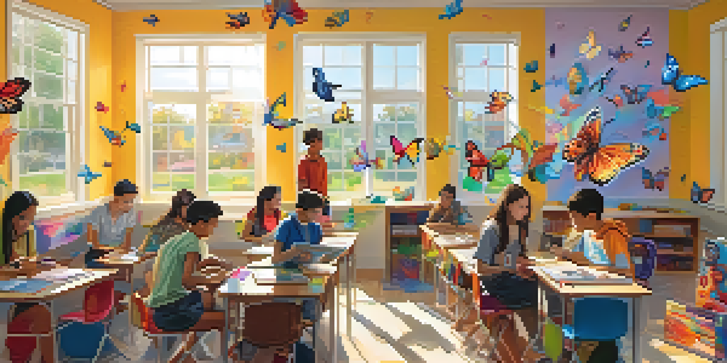 A classroom filled with students using tablets to interact with augmented reality art, surrounded by colorful artwork and bright sunlight.