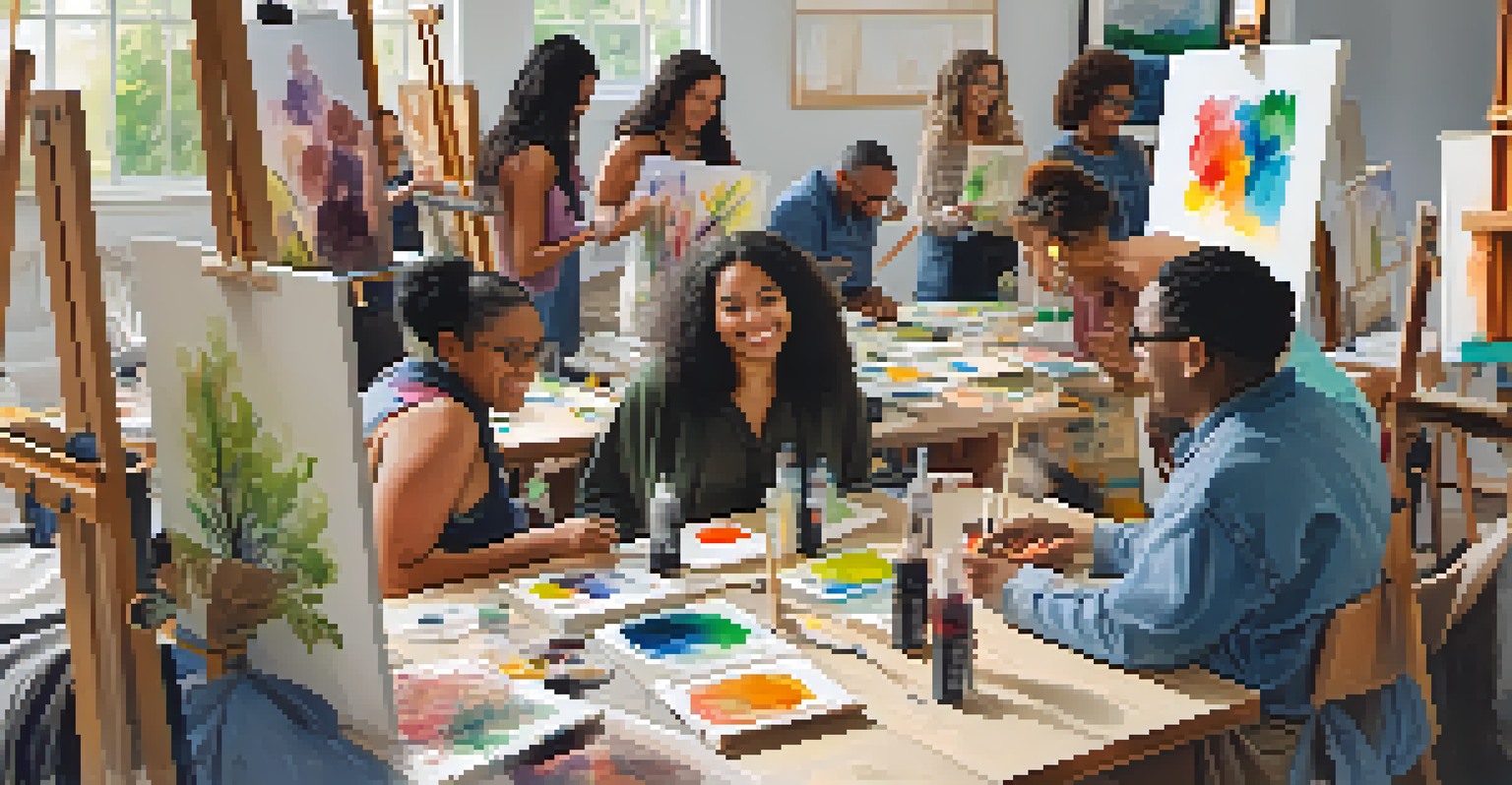 A group of people participating in a community art workshop, painting in an inviting and lively environment.