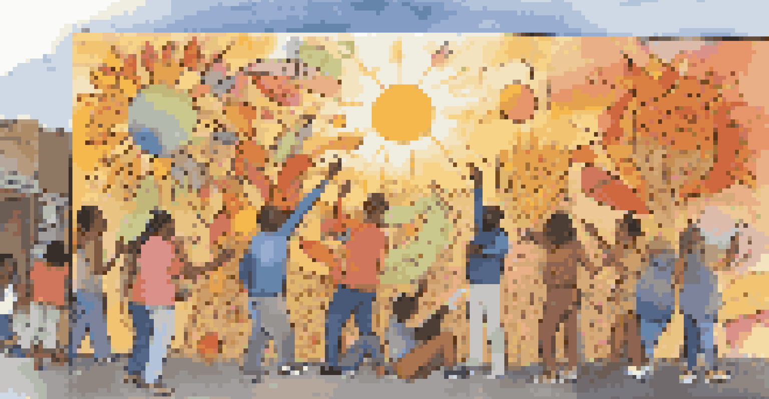 A colorful community mural being created by a group of people, symbolizing their collective mental health journeys.