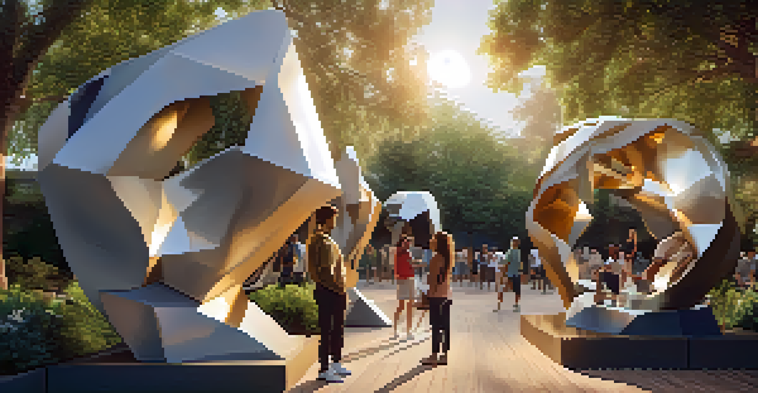 An outdoor art installation with large sculptures made from recycled materials, surrounded by greenery and community members engaging, illuminated by golden hour light.