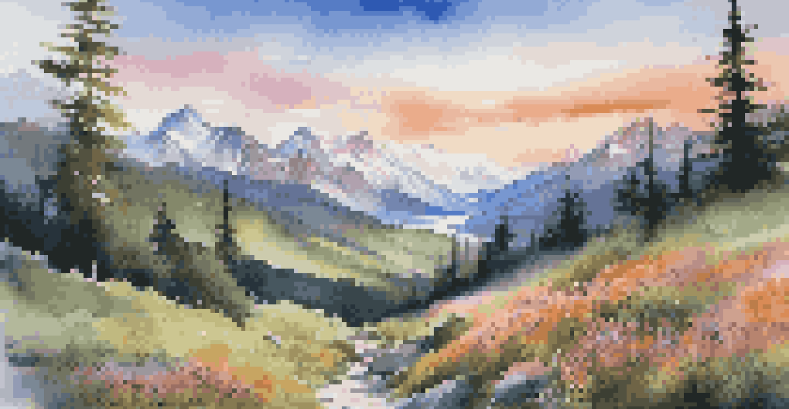 A stunning mountain landscape at sunrise with snow-capped peaks and vibrant wildflowers.
