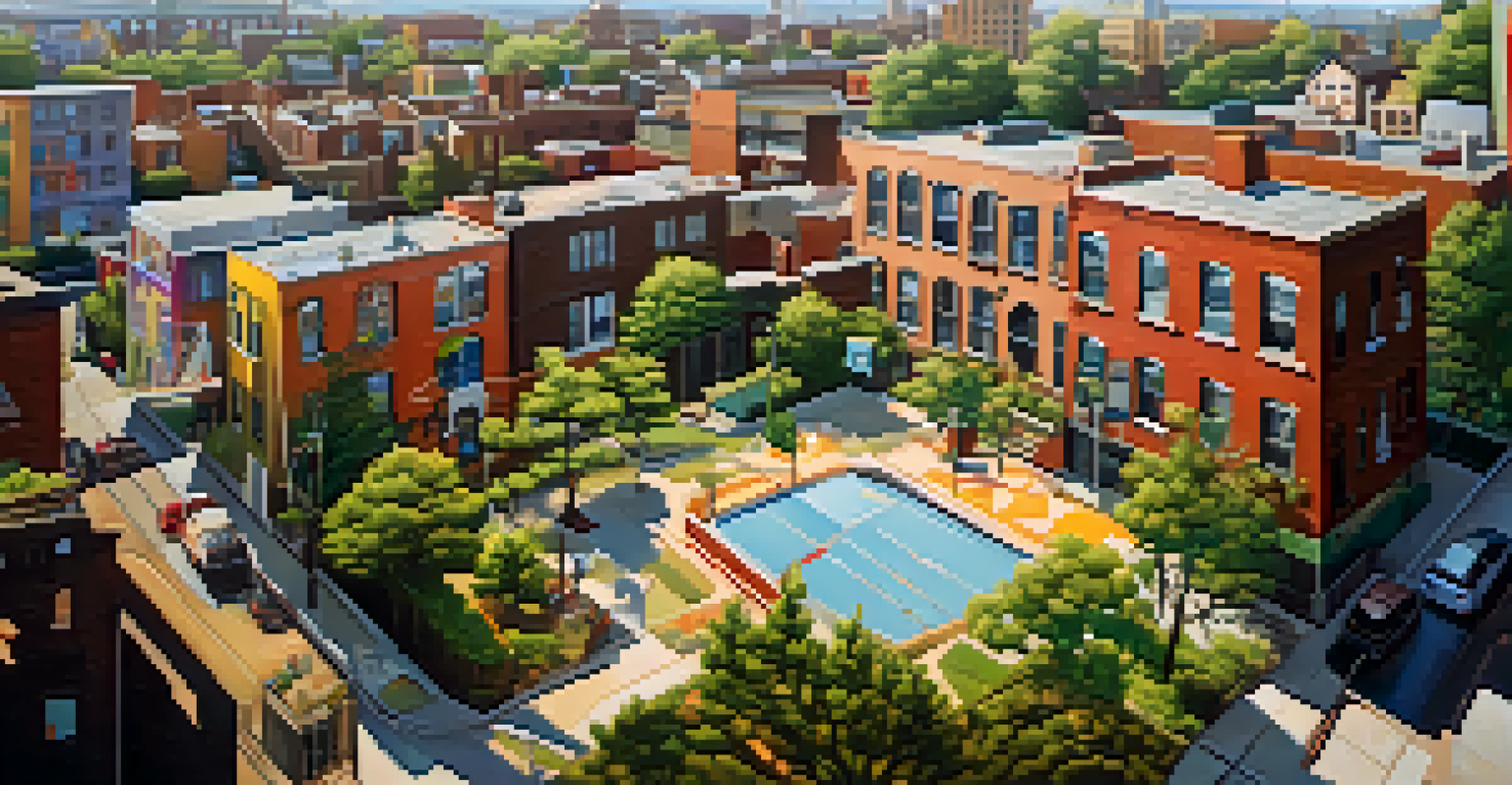 An aerial view of a city with interconnected murals reflecting community stories and vibrant urban life, bathed in bright sunlight.