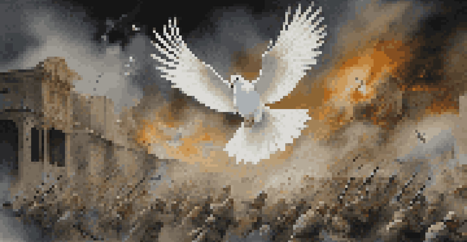 A white dove soars above a chaotic war scene, symbolizing peace against a dark, tumultuous background filled with soldiers and smoke.