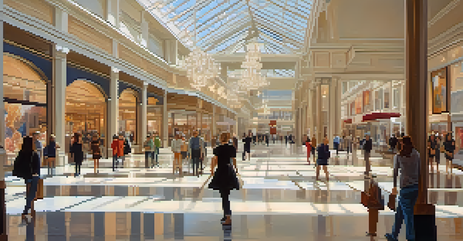 An upscale shopping mall featuring high ceilings, chandeliers, and art installations, illuminated by natural light from large windows, with shoppers admiring the displays.