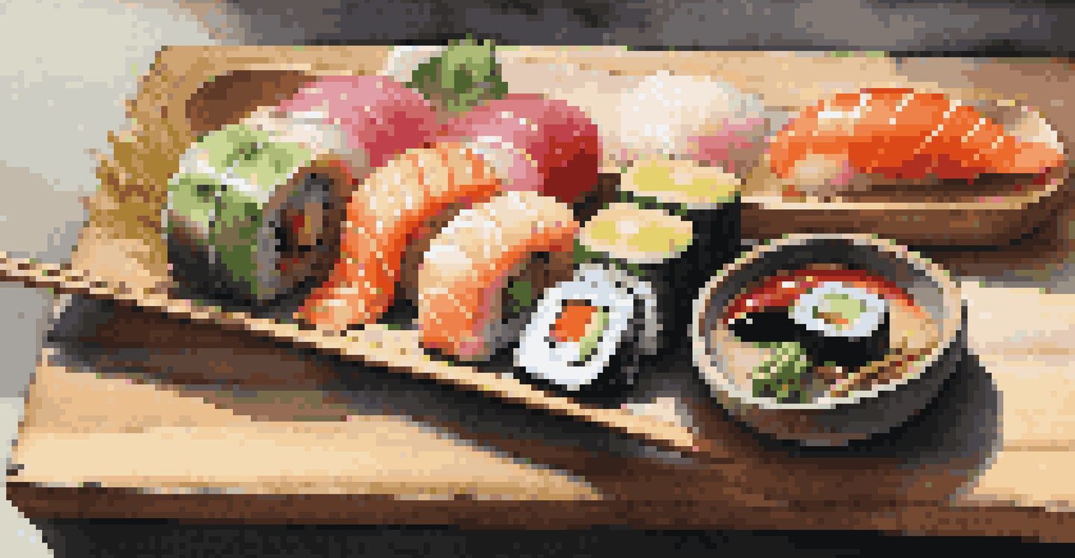 A colorful sushi platter on a wooden board, featuring various sushi rolls and garnishes, presented in an engaging arrangement.