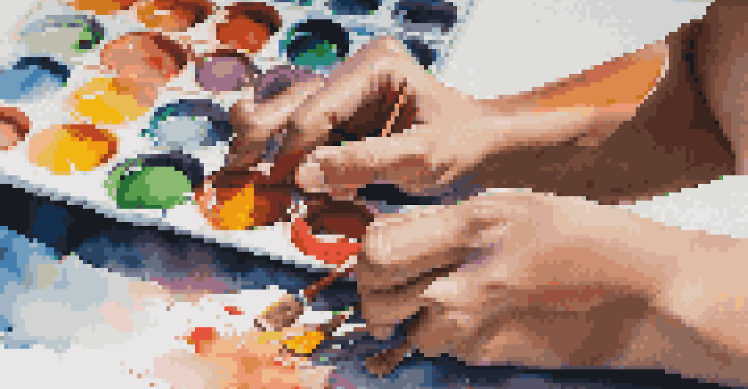 Close-up of a student's hands painting on a canvas, showcasing vibrant colors and expressive brush strokes.