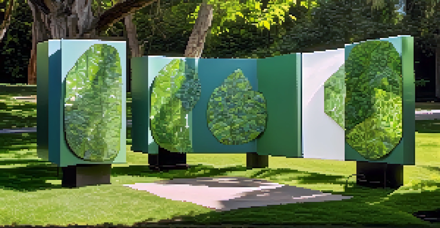 An outdoor art installation made from recycled materials in a green park, showcasing sculptures that reflect nature and sustainability.