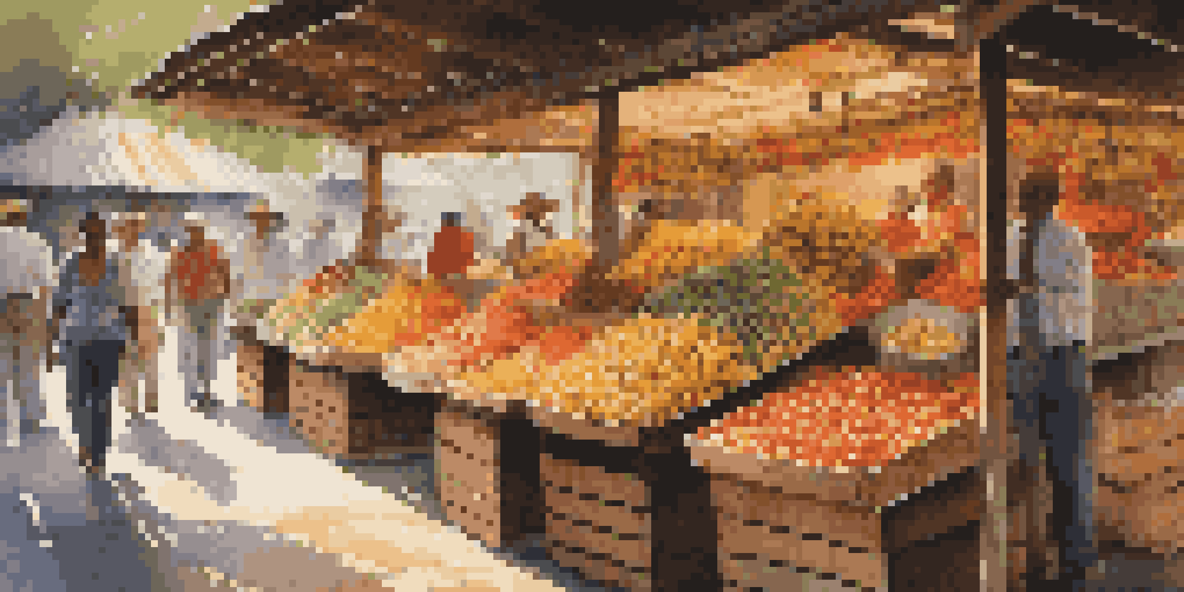A lively market with a variety of colorful fruits displayed on wooden stalls, illuminated by warm sunlight.